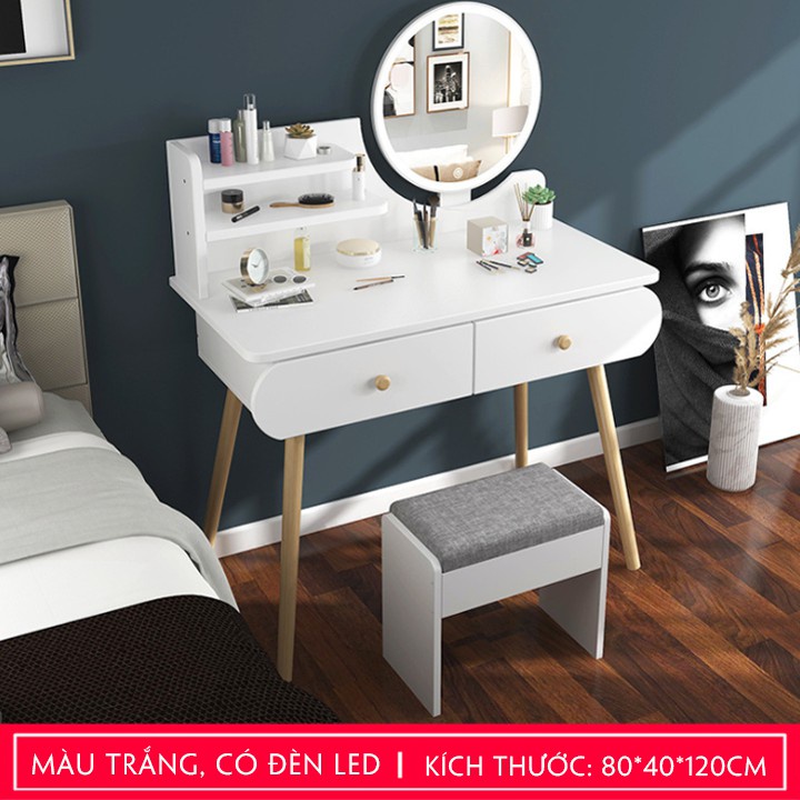 Bàn trang điểm LED 2 ngăn kéo Funa AK02, phong cách hiện đại với màu trắng (chưa gồm ghế)